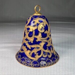 Cloisonne Style Enameled Cobolt Blue and Gold Bell Ornament Christmas Bell 3.5"